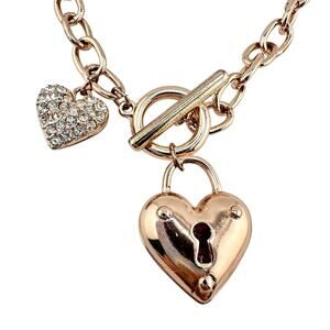 Guess Puffy Heart Crystal Pave Charm Rose Gold Tone 16" Fashion Necklace